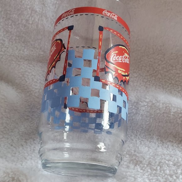 Coca-Cola vintage 1980s Blue Checkered Band Drinking Glass - Picture 2 of 6